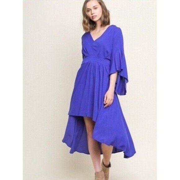 Umgee Dress Blue Ruffle Hi Lo Bell Sleeve V Neck Midi NWT - Picture 2 of 12